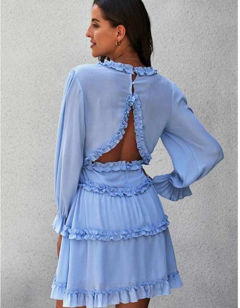 Sky Blue V Neck Ruffle Detailing Open Back Dress