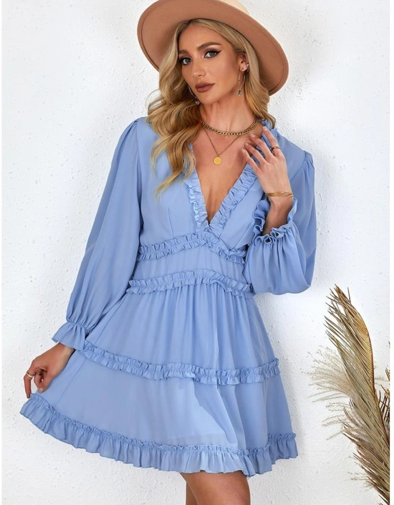 Sky Blue V Neck Ruffle Detailing Open Back Dress
