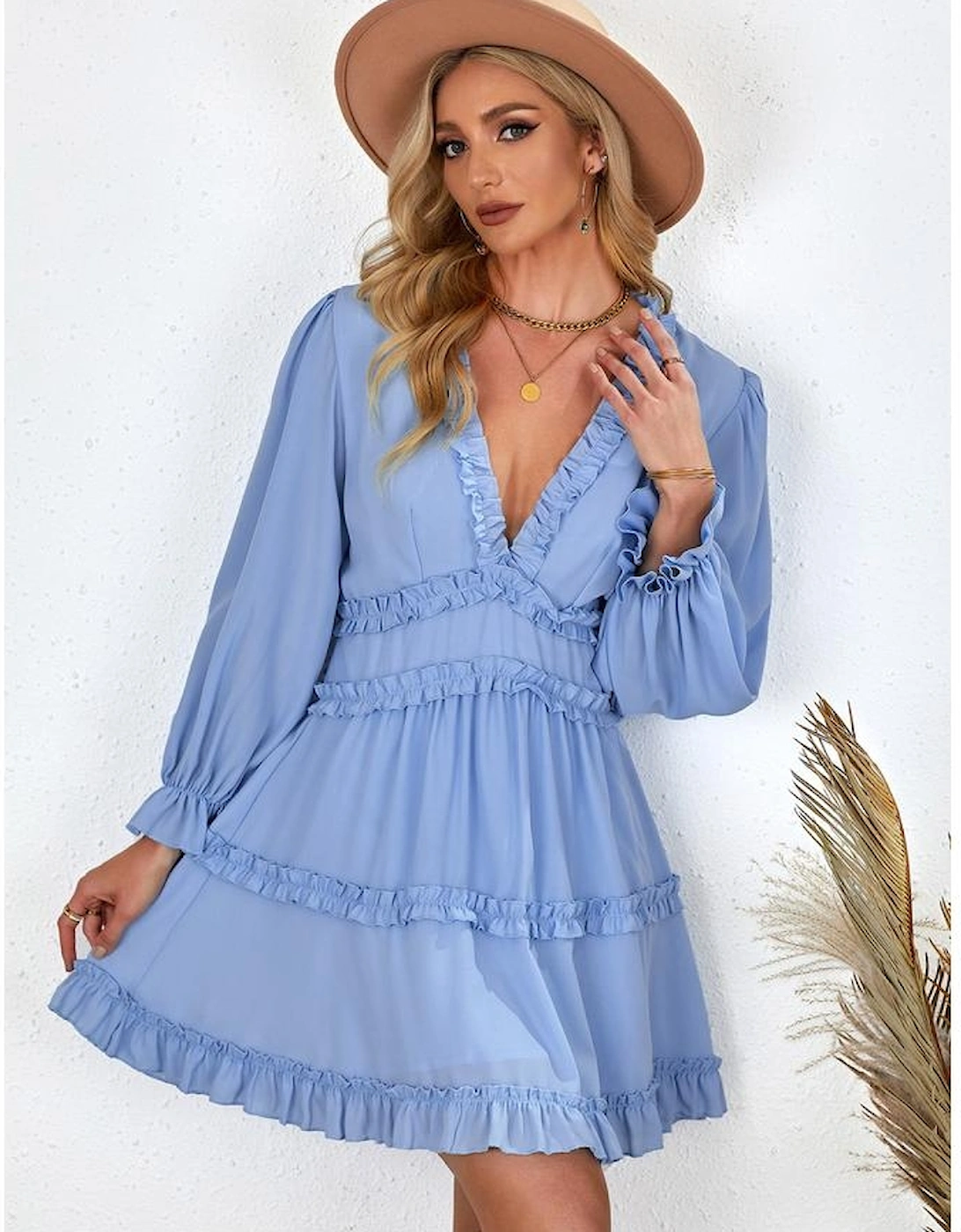 Sky Blue V Neck Ruffle Detailing Open Back Dress