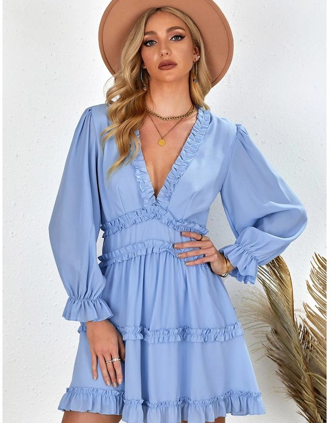 Sky Blue V Neck Ruffle Detailing Open Back Dress