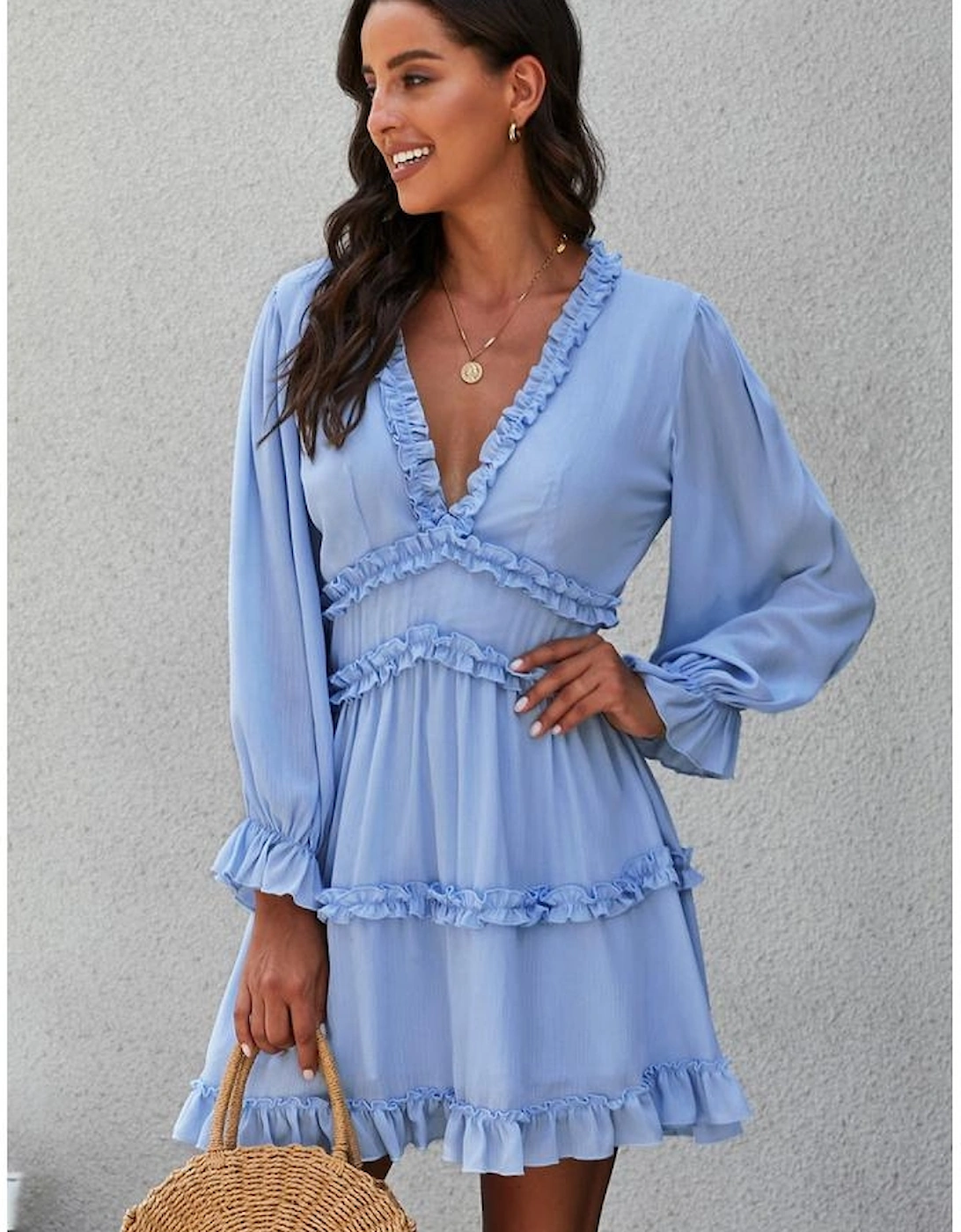 Sky Blue V Neck Ruffle Detailing Open Back Dress