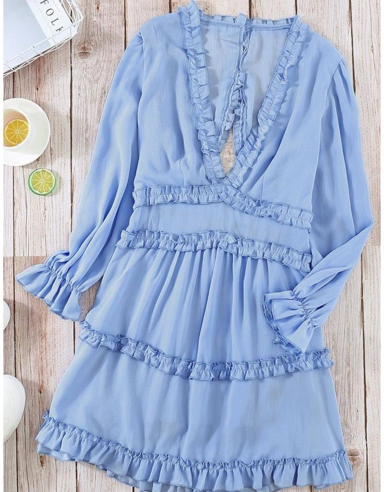 Sky Blue V Neck Ruffle Detailing Open Back Dress