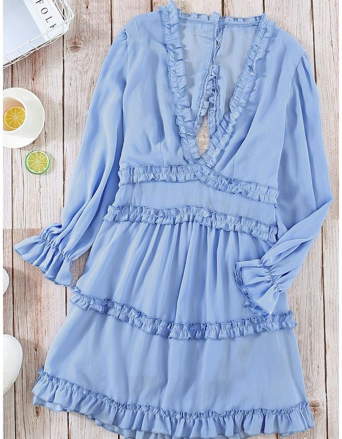 Sky Blue V Neck Ruffle Detailing Open Back Dress