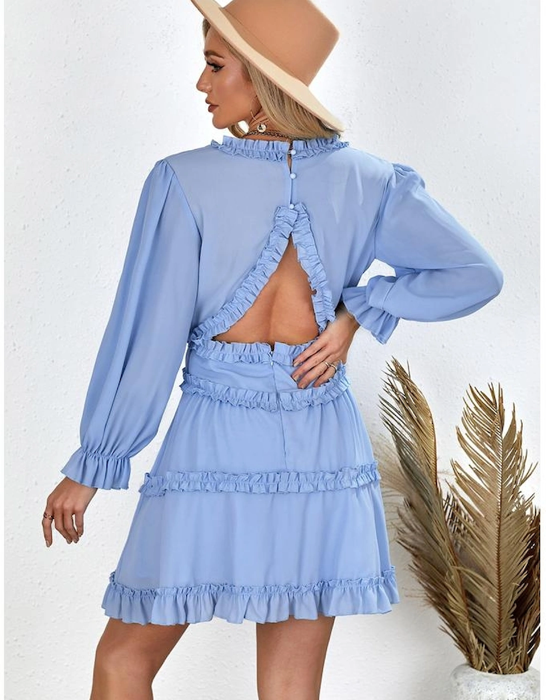 Sky Blue V Neck Ruffle Detailing Open Back Dress