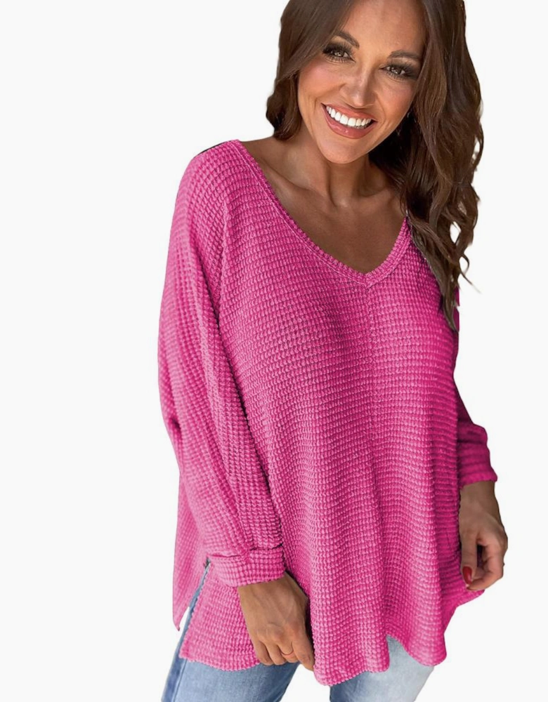 Rose Red Waffle Knit Side Slits Loose Fit V Neck Top