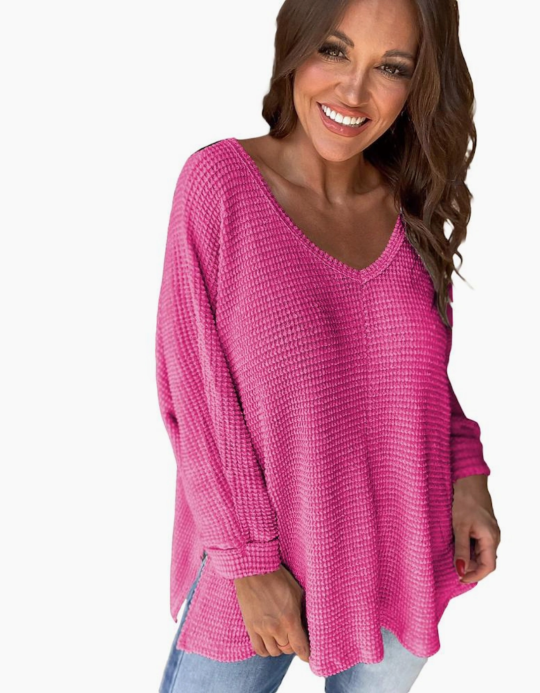 Rose Red Waffle Knit Side Slits Loose Fit V Neck Top