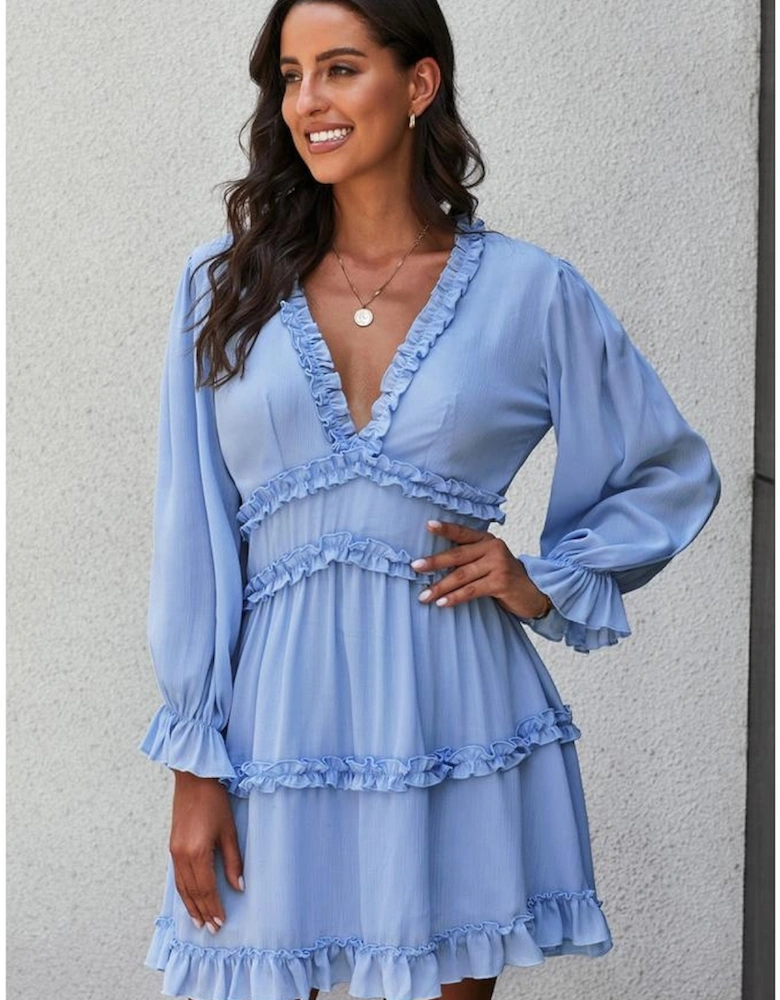 Sky Blue V Neck Ruffle Detailing Open Back Dress