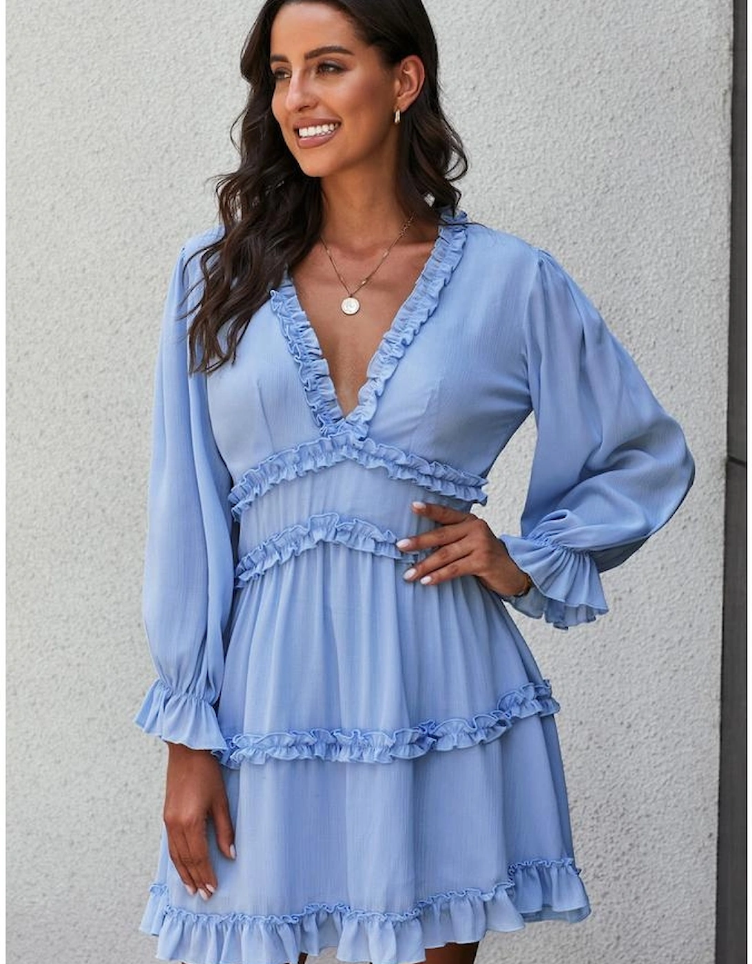 Sky Blue V Neck Ruffle Detailing Open Back Dress, 15 of 14
