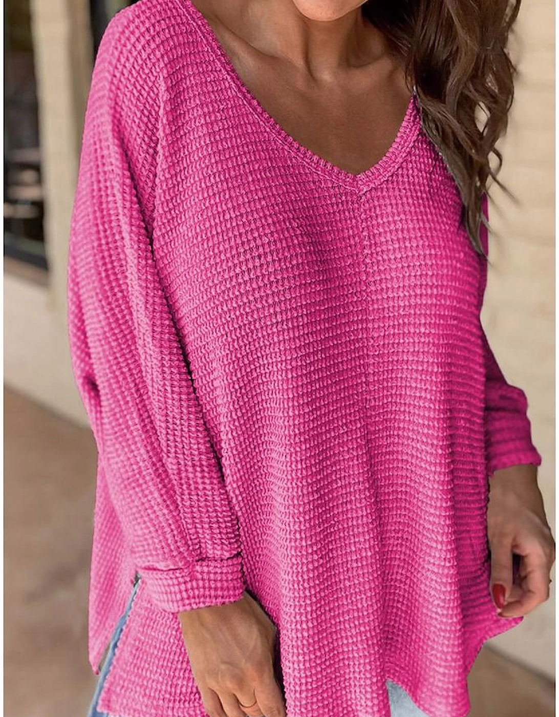 Rose Red Waffle Knit Side Slits Loose Fit V Neck Top
