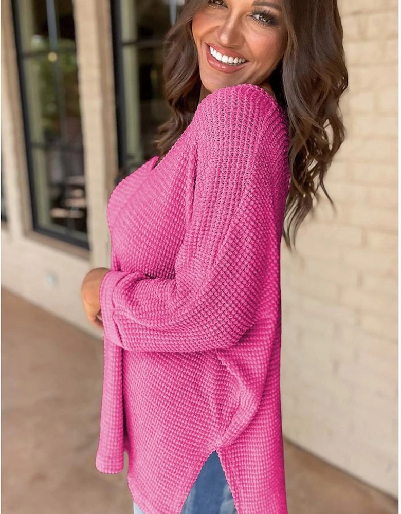 Rose Red Waffle Knit Side Slits Loose Fit V Neck Top