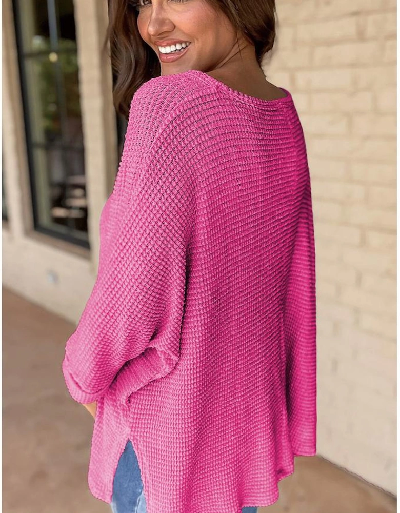 Rose Red Waffle Knit Side Slits Loose Fit V Neck Top