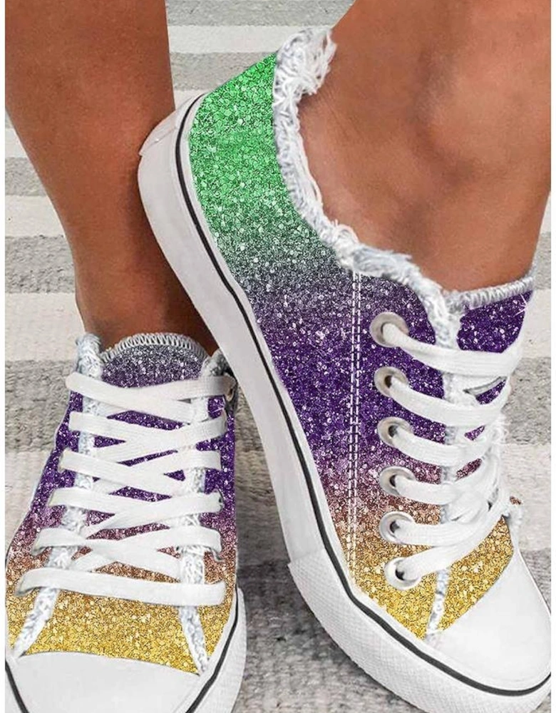 Multicolor Shiny Gradient Raw Hem Lace-up Flat Canvas Shoes