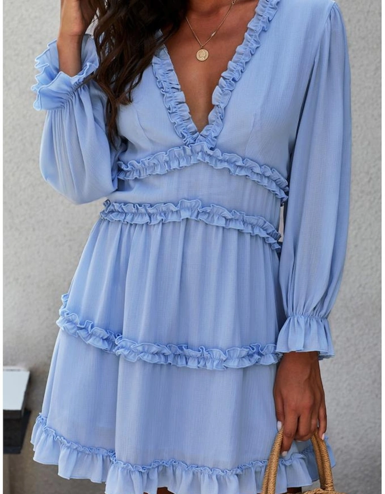 Sky Blue V Neck Ruffle Detailing Open Back Dress