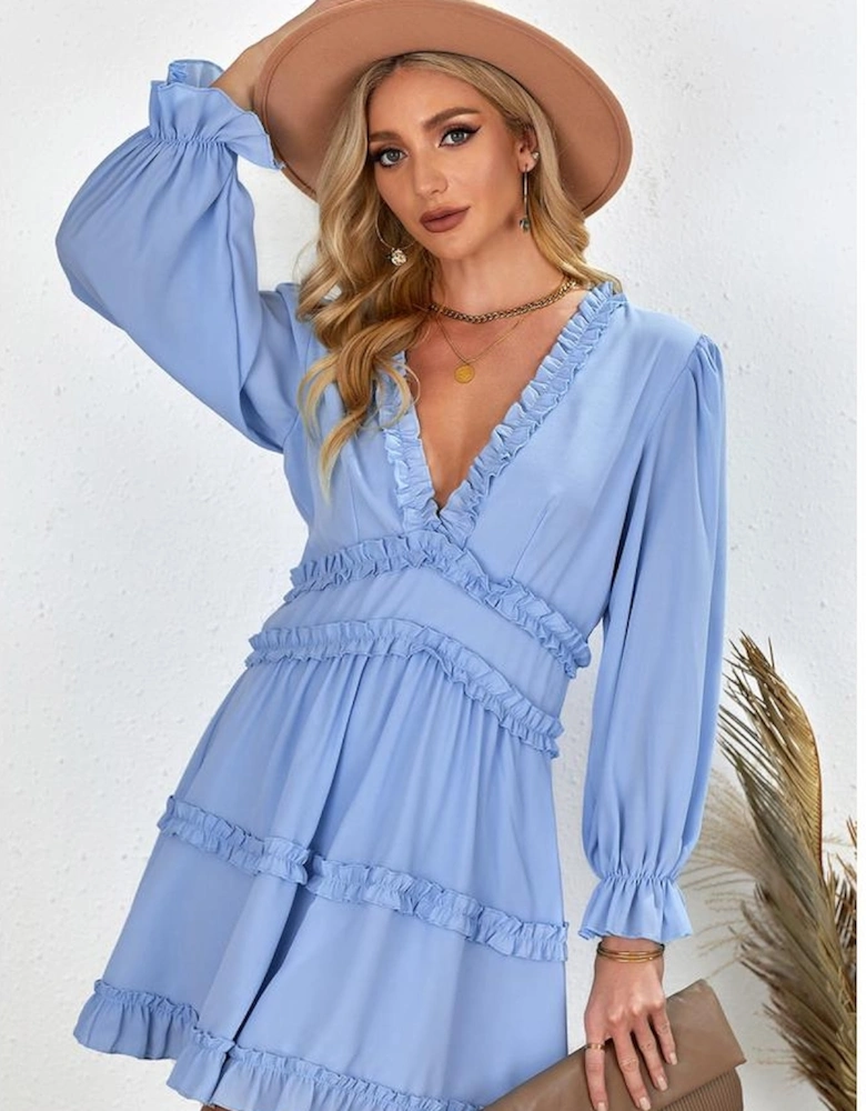 Sky Blue V Neck Ruffle Detailing Open Back Dress