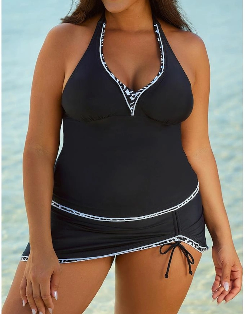 Contrast Trim Royal Blue Halter Tankini Top with Swimsuit Skirt Tankini Set