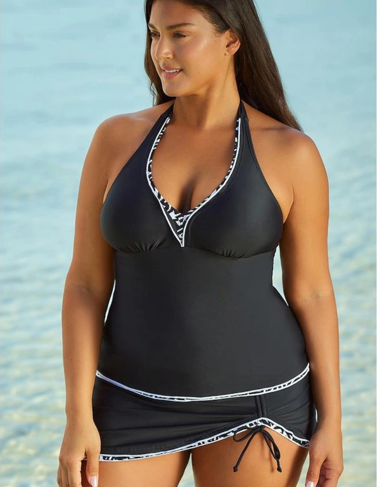 Contrast Trim Royal Blue Halter Tankini Top with Swimsuit Skirt Tankini Set