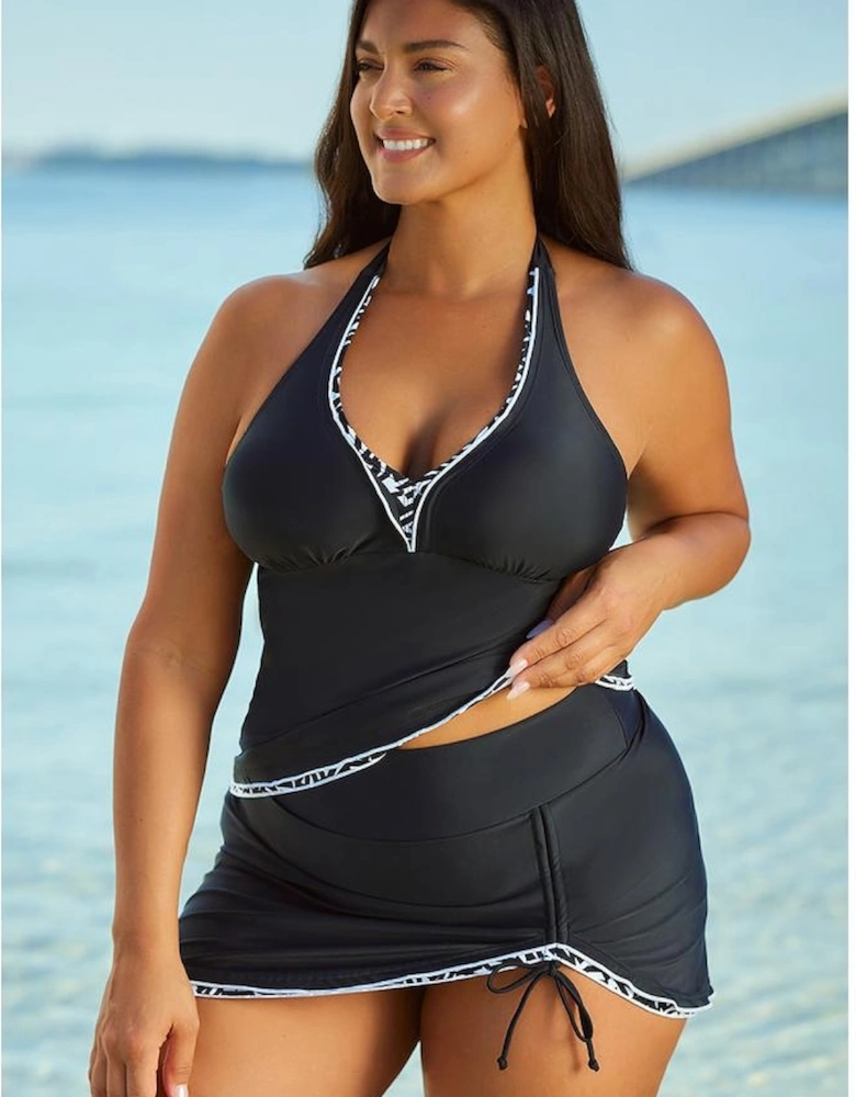 Contrast Trim Royal Blue Halter Tankini Top with Swimsuit Skirt Tankini Set