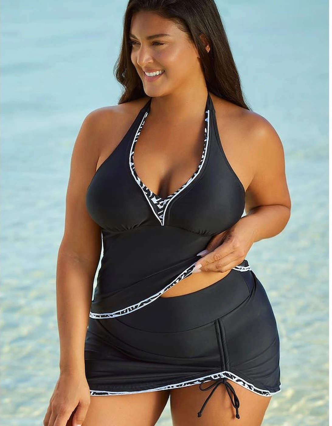 Contrast Trim Royal Blue Halter Tankini Top with Swimsuit Skirt Tankini Set