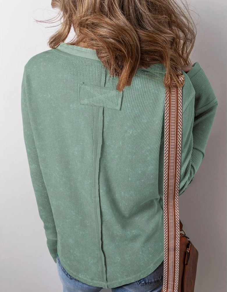 Smoke Green Acid Wash Waffle Knit Buttoned Neckline Long Sleeve Top