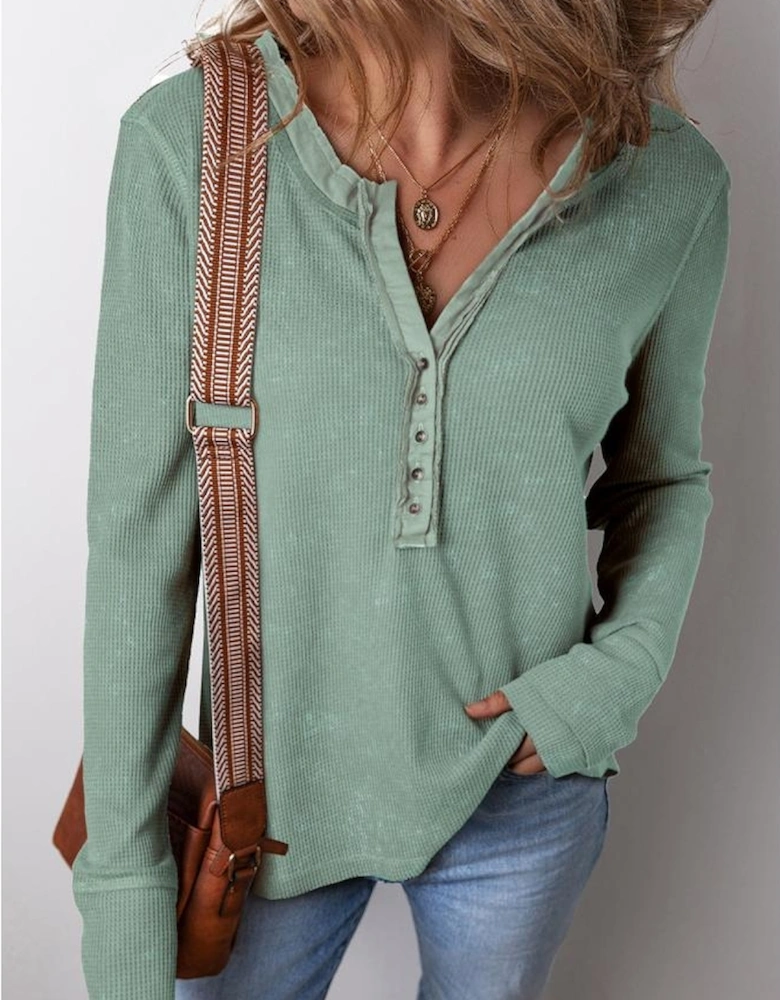 Smoke Green Acid Wash Waffle Knit Buttoned Neckline Long Sleeve Top