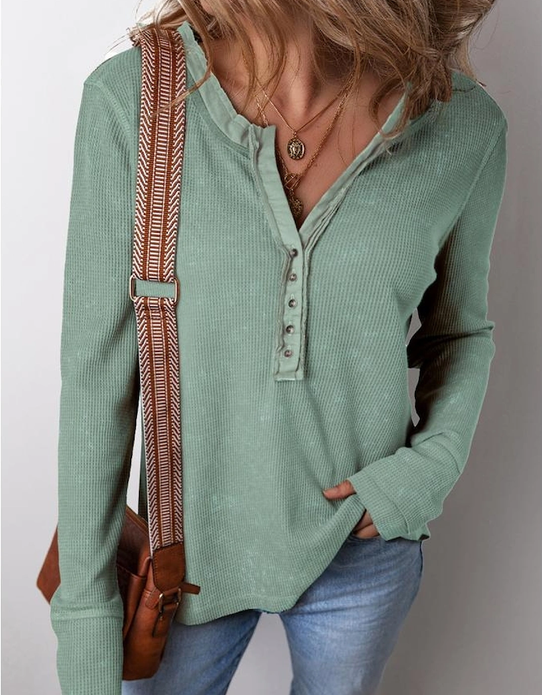 Smoke Green Acid Wash Waffle Knit Buttoned Neckline Long Sleeve Top, 3 of 2