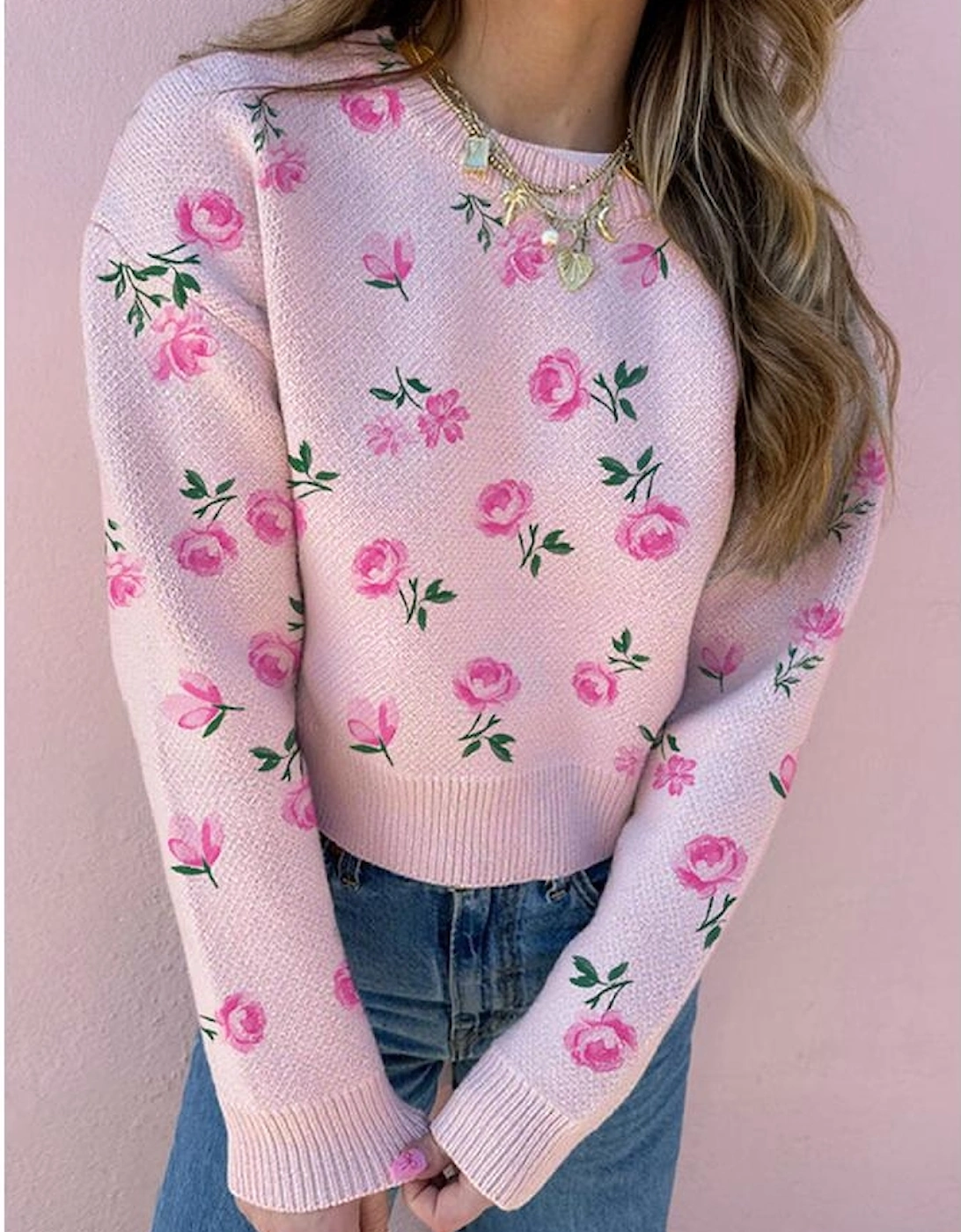 Delicacy Sweet Floral Print Drop Shoulder Cropped Sweater