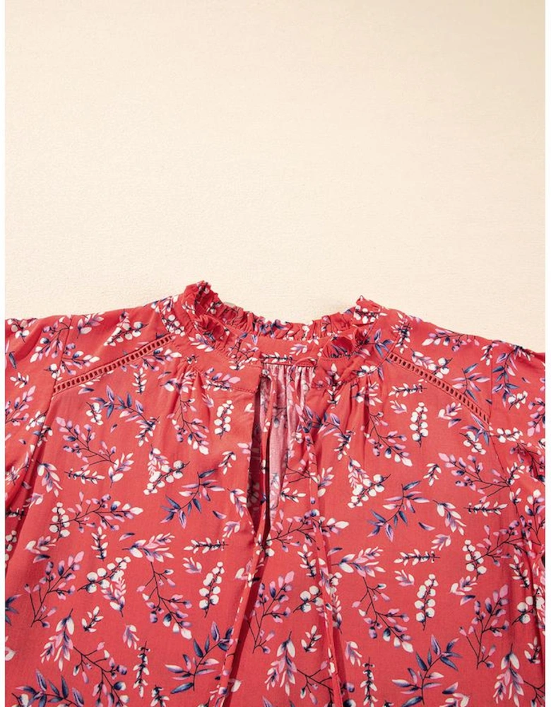 Red Floral Tie Split Neck Short Flounce Sleeve Crinkled Blouse