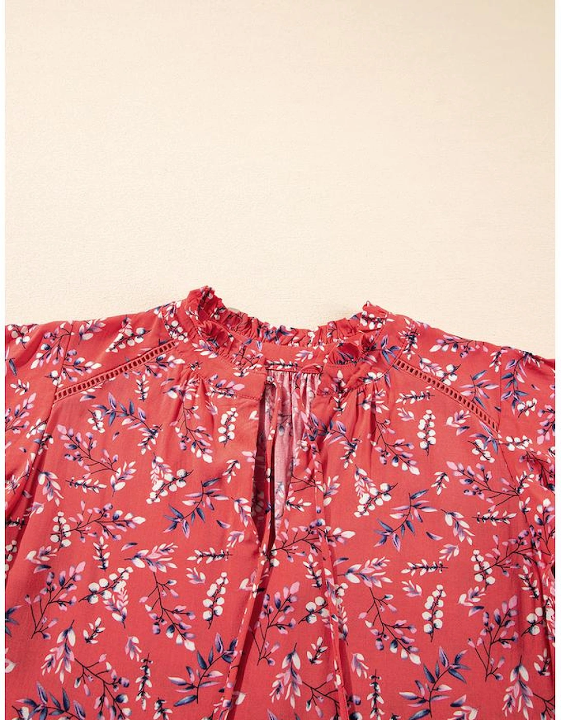 Red Floral Tie Split Neck Short Flounce Sleeve Crinkled Blouse