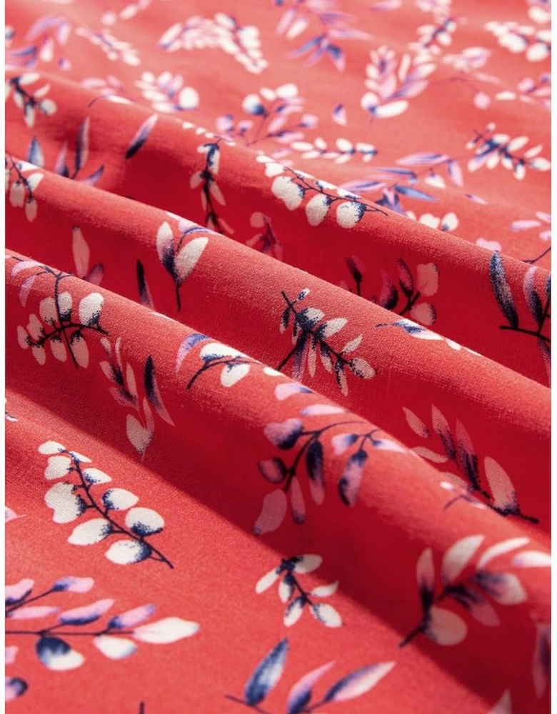 Red Floral Tie Split Neck Short Flounce Sleeve Crinkled Blouse