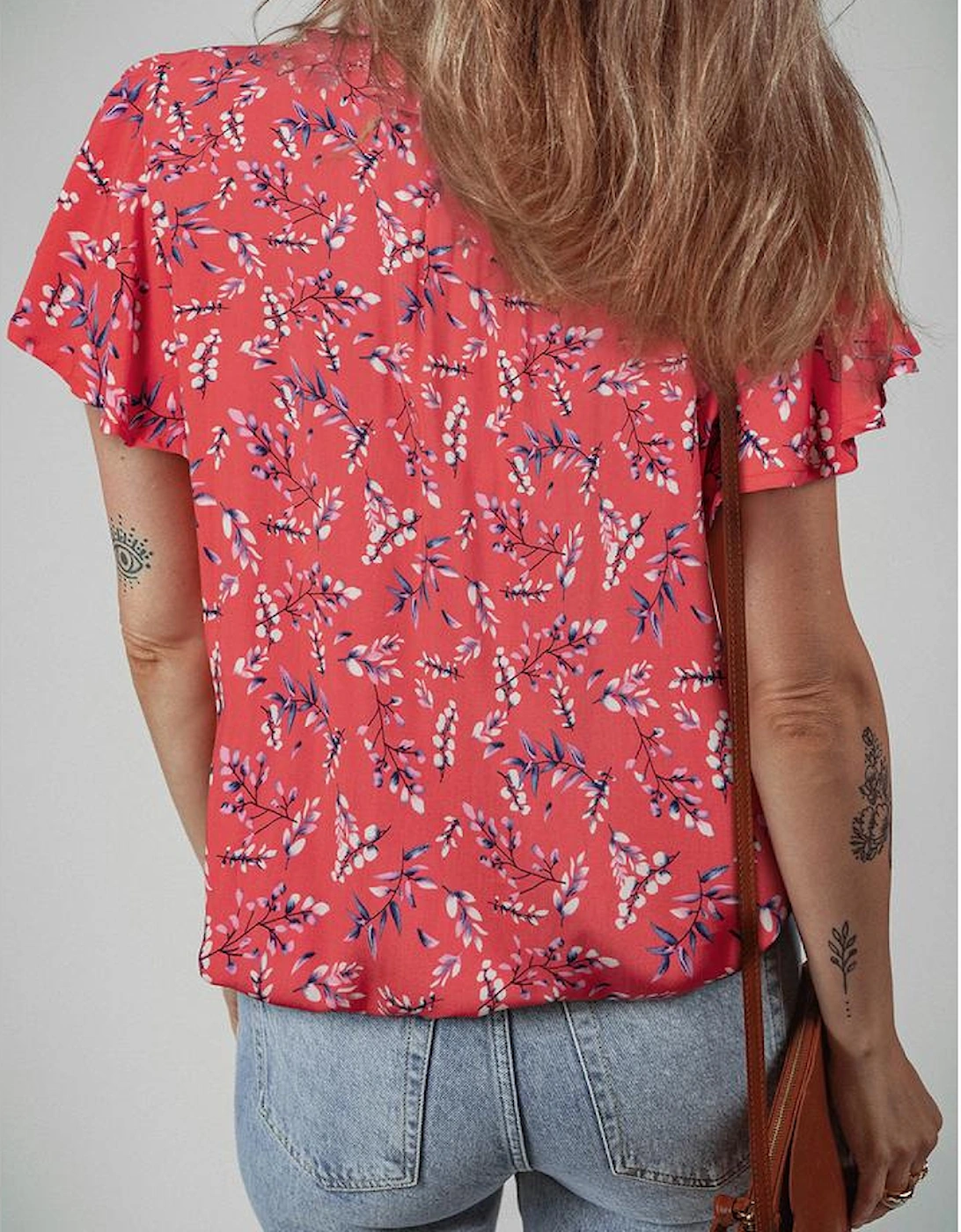 Red Floral Tie Split Neck Short Flounce Sleeve Crinkled Blouse, 10 of 9