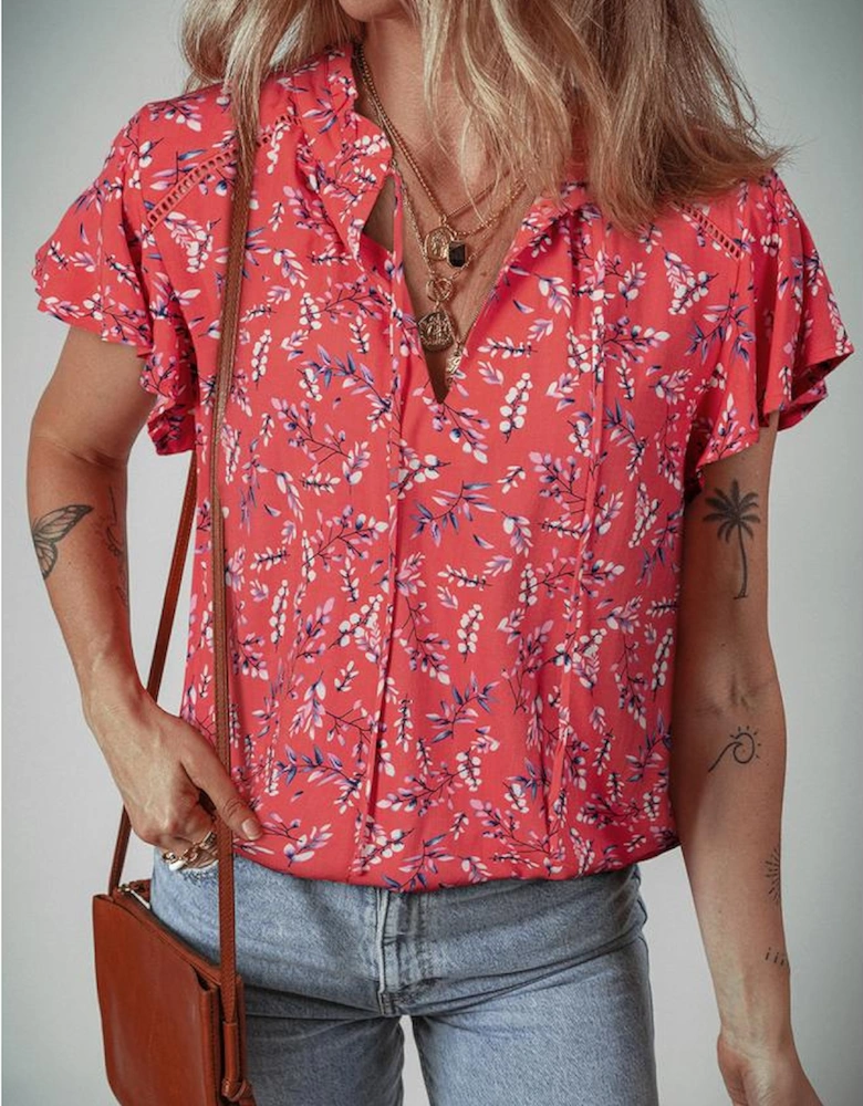 Red Floral Tie Split Neck Short Flounce Sleeve Crinkled Blouse