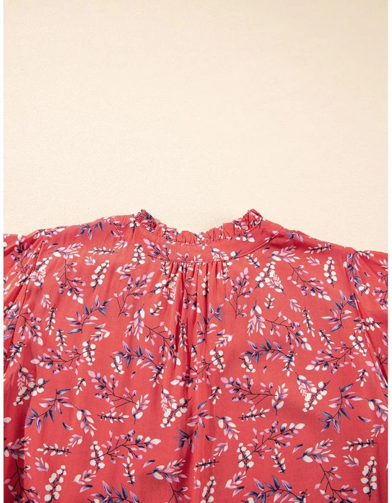 Red Floral Tie Split Neck Short Flounce Sleeve Crinkled Blouse