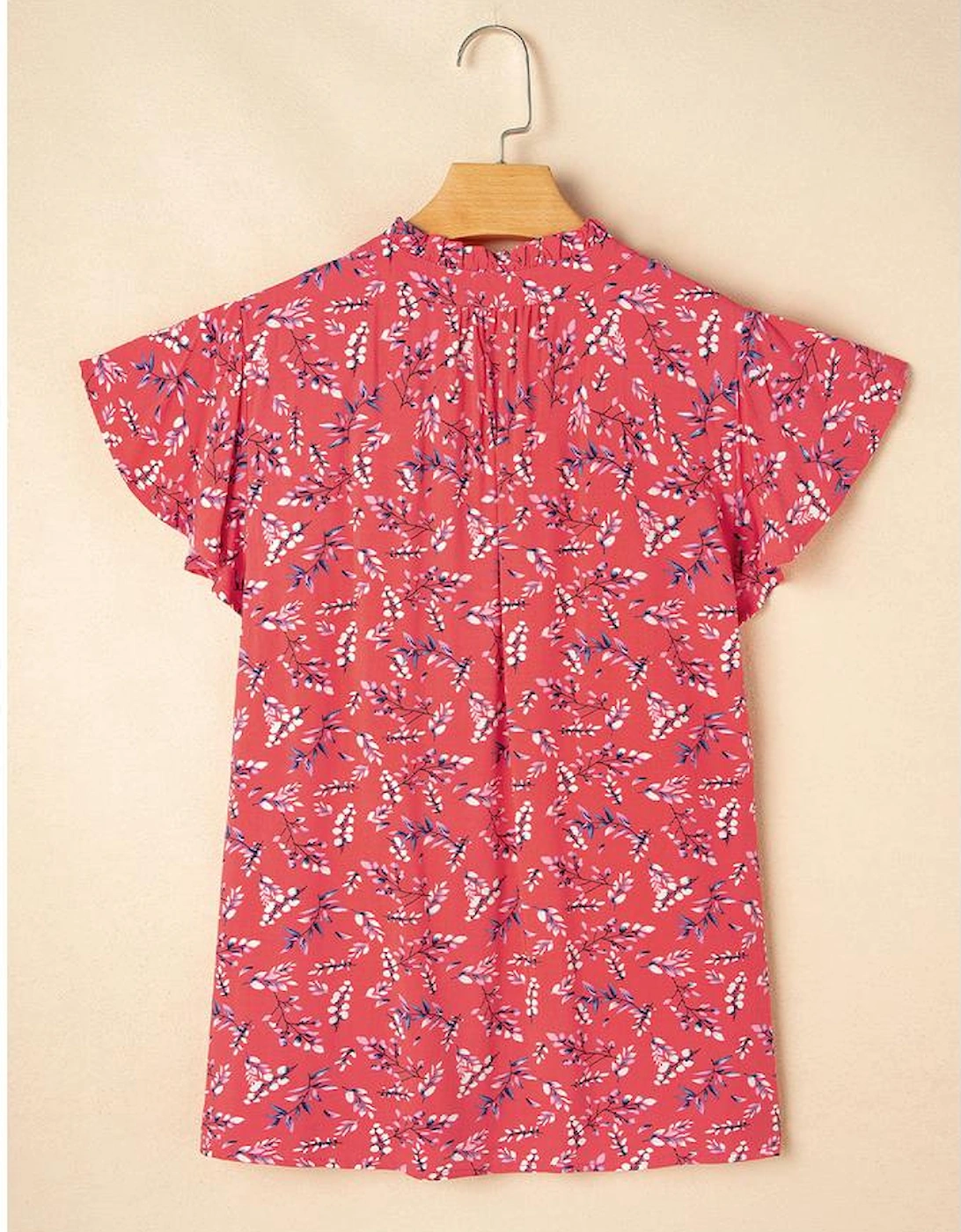 Red Floral Tie Split Neck Short Flounce Sleeve Crinkled Blouse