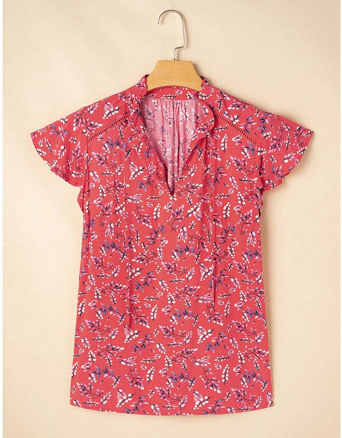 Red Floral Tie Split Neck Short Flounce Sleeve Crinkled Blouse