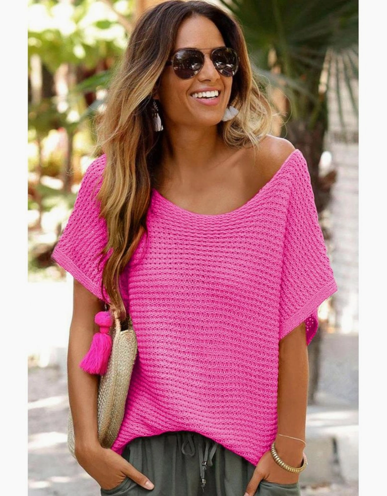 Pink Solid Loose Knit Short Dolman Sleeve Sweater