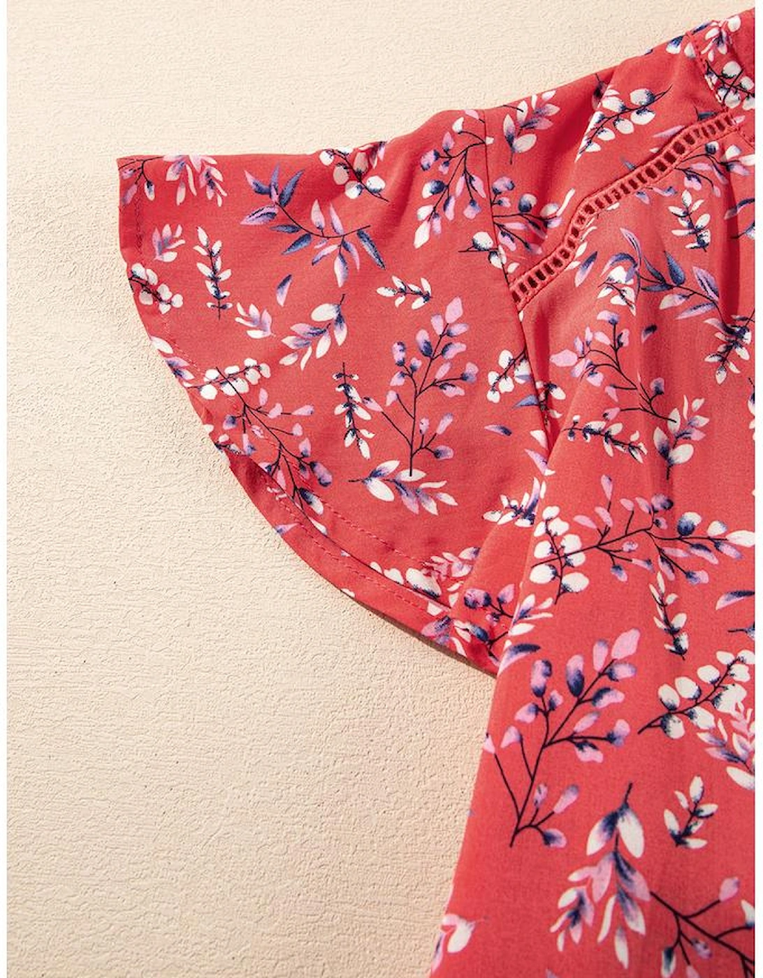 Red Floral Tie Split Neck Short Flounce Sleeve Crinkled Blouse