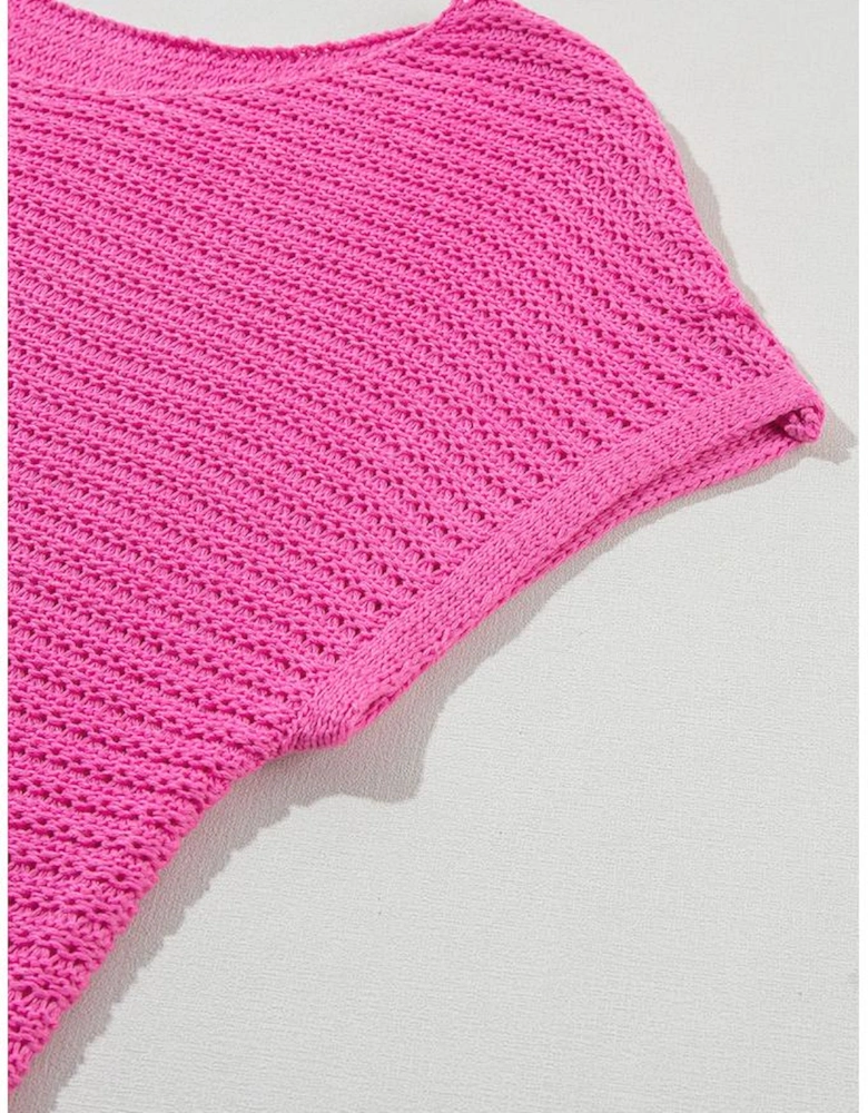 Pink Solid Loose Knit Short Dolman Sleeve Sweater