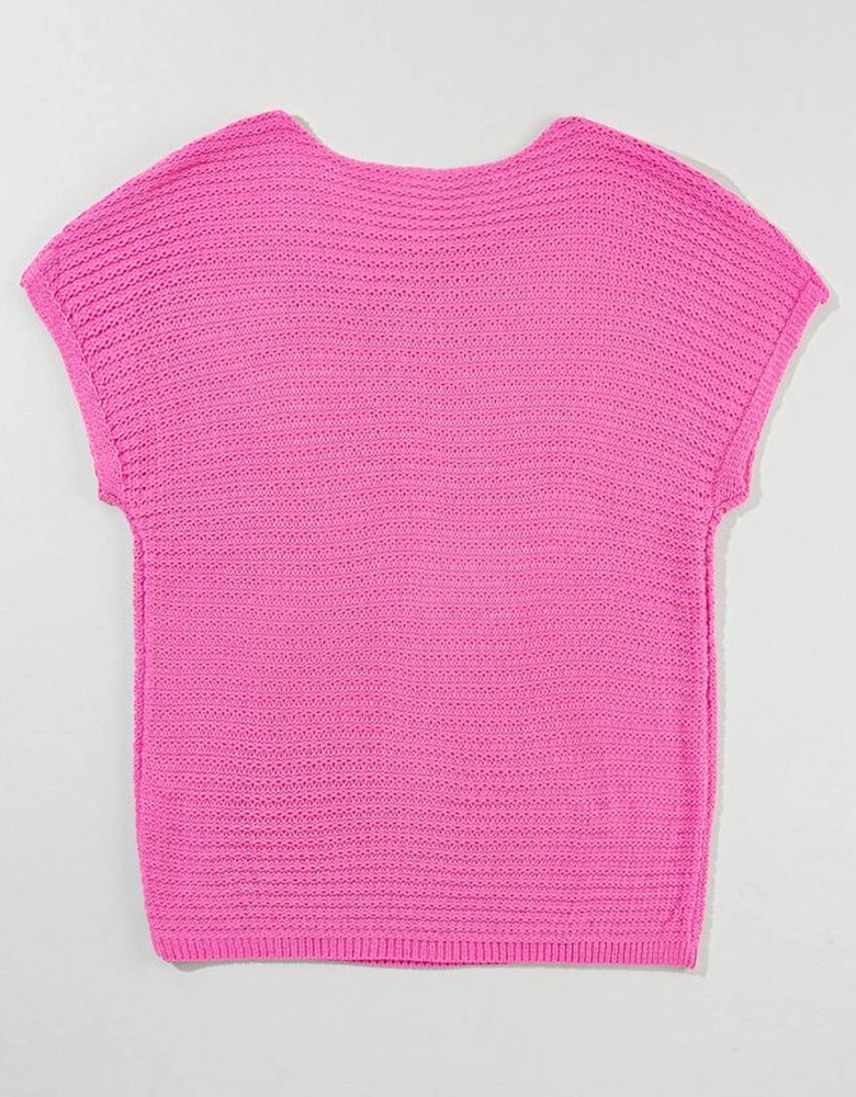Pink Solid Loose Knit Short Dolman Sleeve Sweater