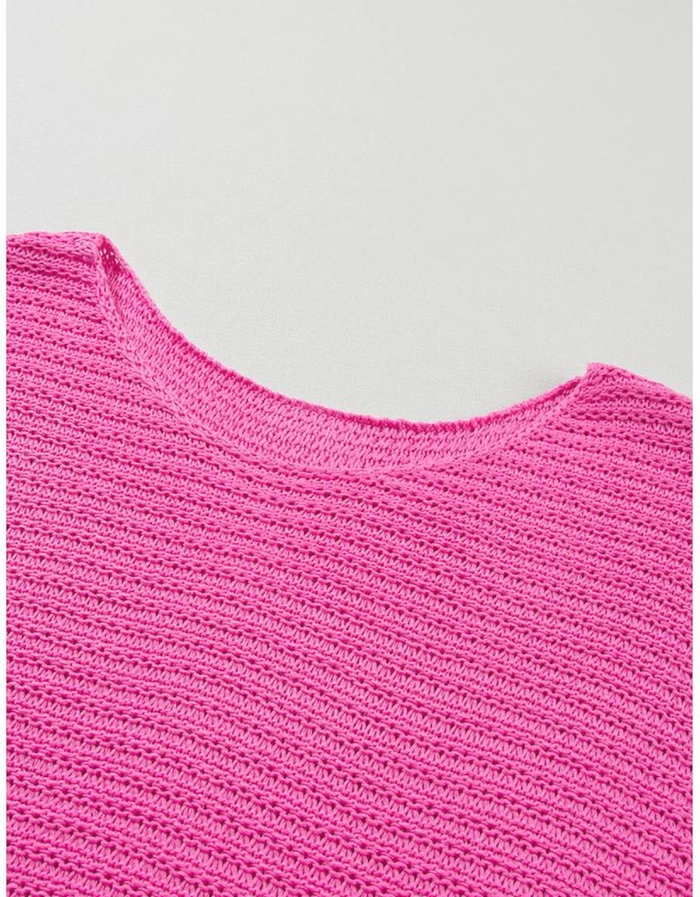Pink Solid Loose Knit Short Dolman Sleeve Sweater
