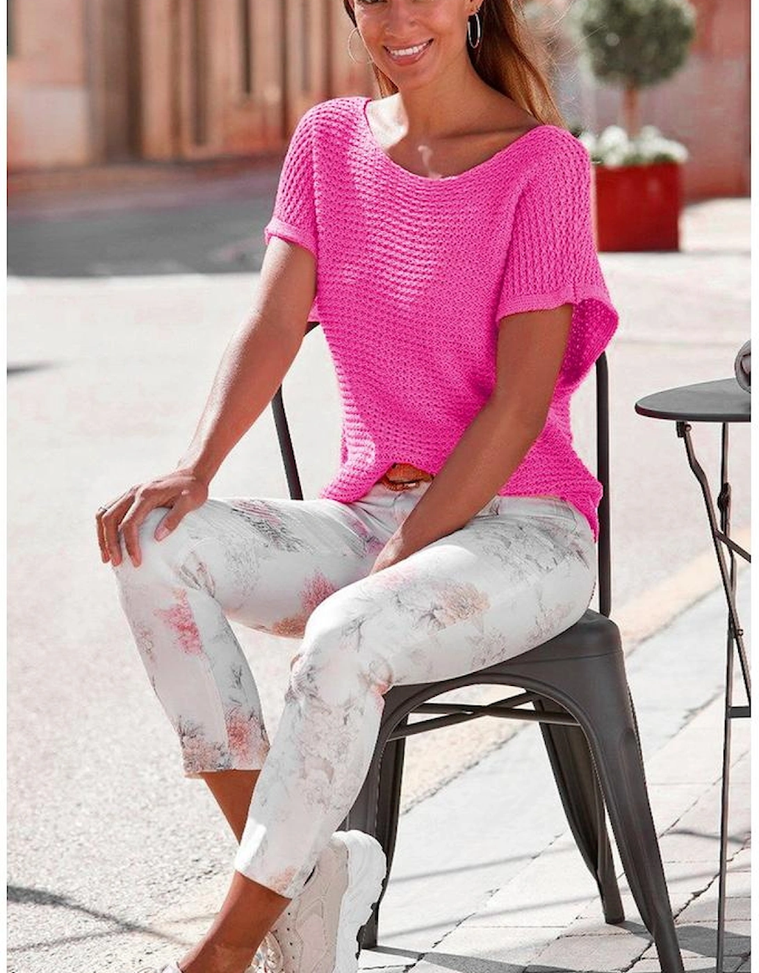 Pink Solid Loose Knit Short Dolman Sleeve Sweater, 10 of 9