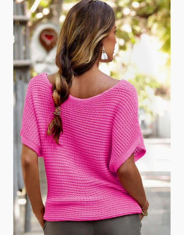Pink Solid Loose Knit Short Dolman Sleeve Sweater