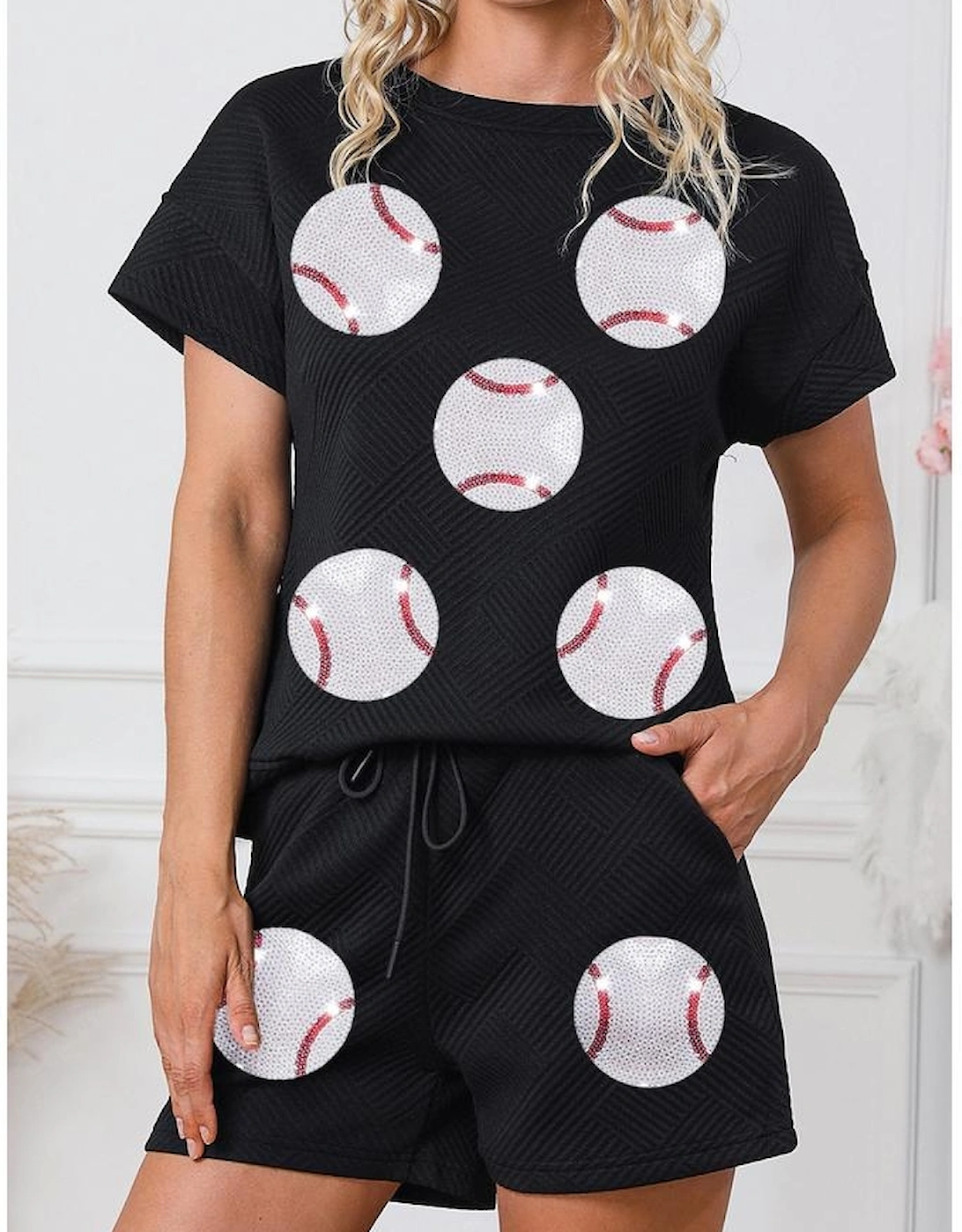 Black Trendy Texture Sequin Baseball Graphic Short 2pcs Set