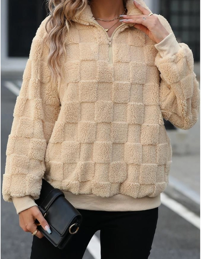 Azura Exchange Apricot Checkered Plush Quarter Zipper Pullover Sweatshirt