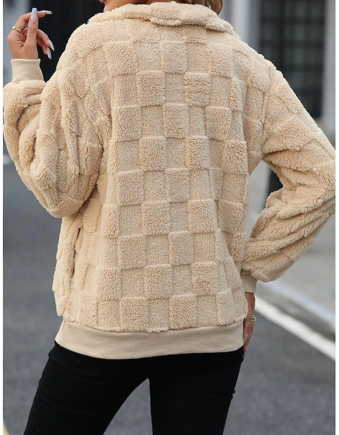 Azura Exchange Apricot Checkered Plush Quarter Zipper Pullover Sweatshirt