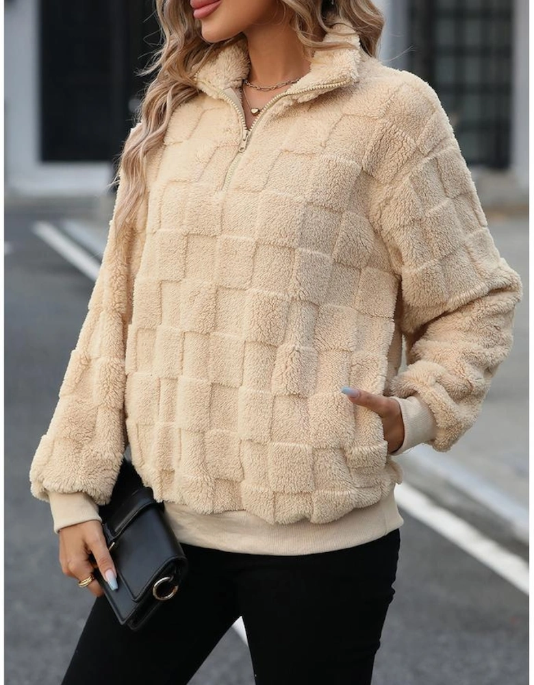 Azura Exchange Apricot Checkered Plush Quarter Zipper Pullover Sweatshirt