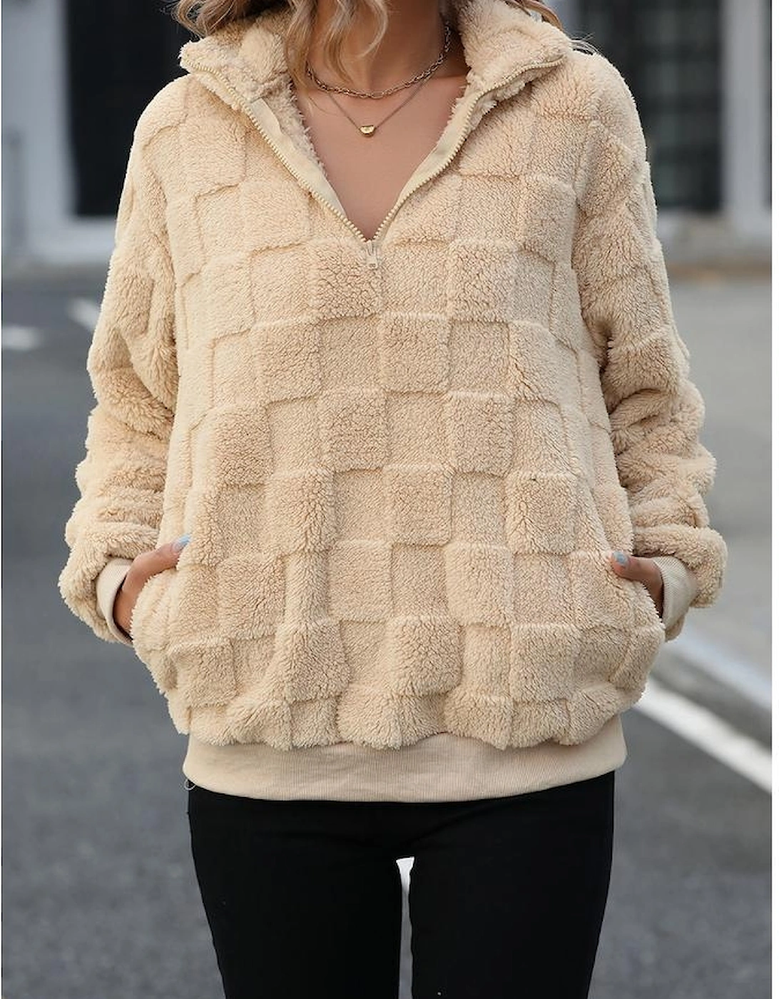 Azura Exchange Apricot Checkered Plush Quarter Zipper Pullover Sweatshirt