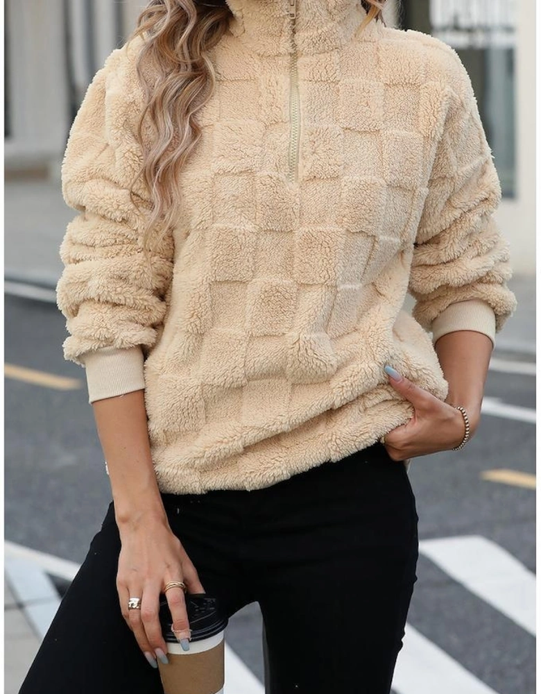 Azura Exchange Apricot Checkered Plush Quarter Zipper Pullover Sweatshirt