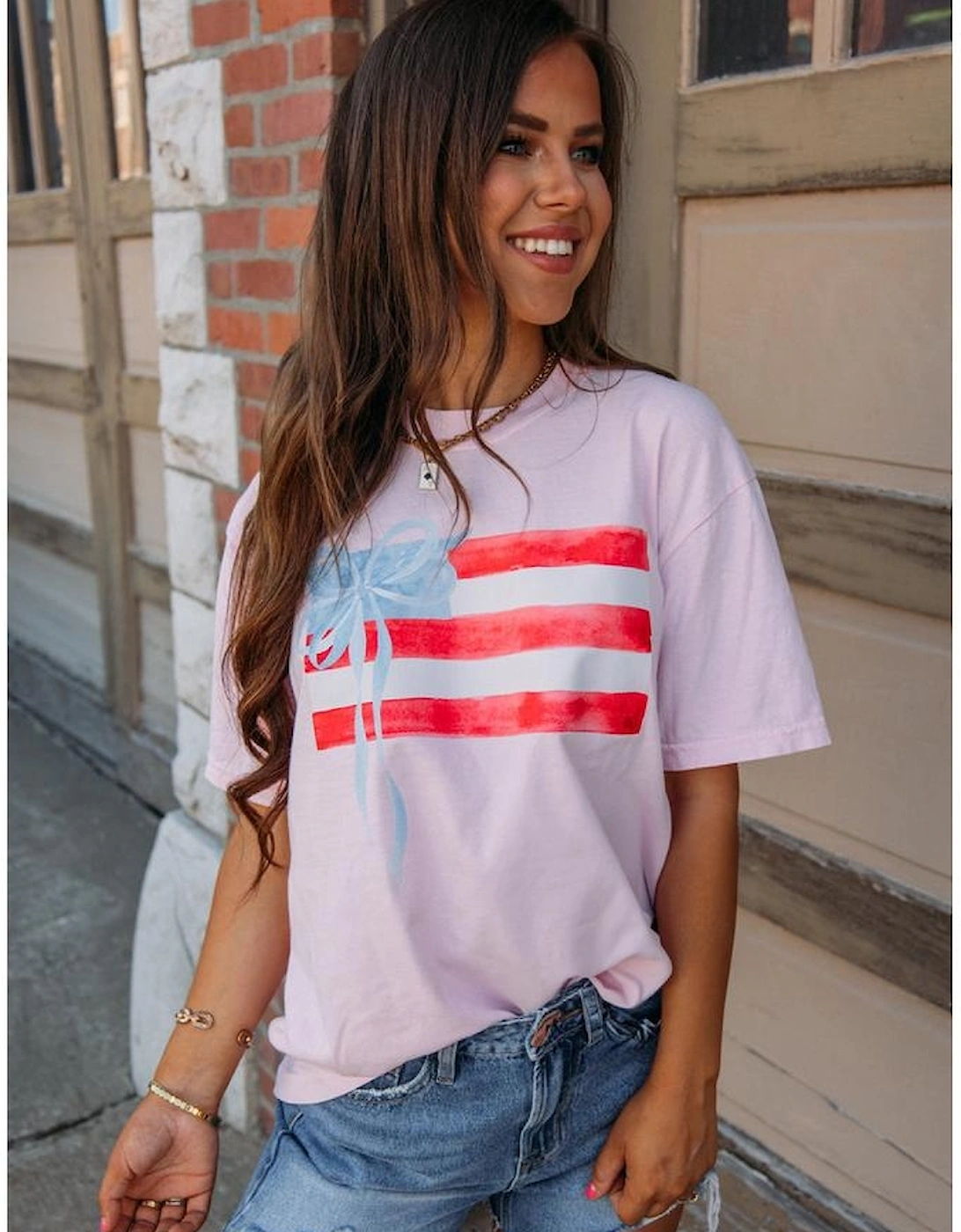 Light Pink Flag Bow Graphic Crewneck Tee, 13 of 12