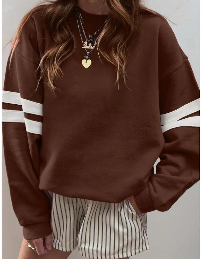 Coffee Varsity Striped Detail Drop Shoulder Oversized Sweatshirt