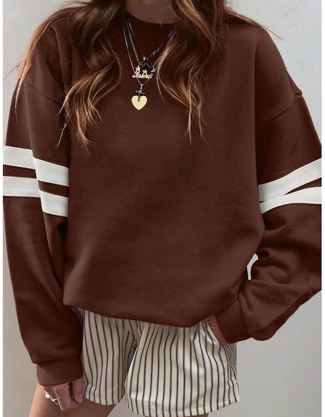 Coffee Varsity Striped Detail Drop Shoulder Oversized Sweatshirt, 2 of 1